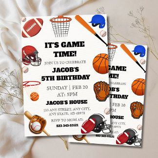 It's Game Time!" All-Star Sports 5th Birthday Invitation