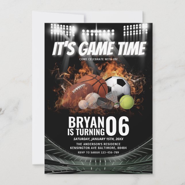 It's Game Time Kid's All Star Sports Birthday Invitation (Front)