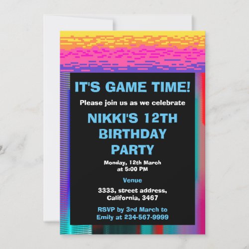 Its Game Time Kids Pixelated Gaming Birthday  Invitation