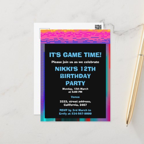 Its Game Time Kids Pixelated Gaming Birthday  Postcard