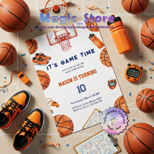 It's Game Time Watercolor Basketball Birthday Invitation