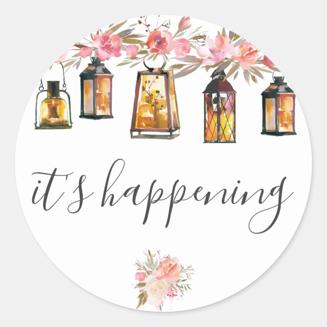 It's Happening Rustic Lanterns Rose Gold Wedding Classic Round Sticker (Front)