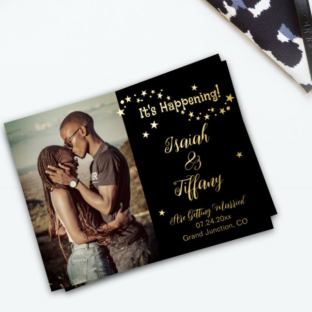 It's Happening Star-Studded Save the Date Photo Foil Invitation Postcard (Creator Uploaded)
