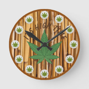 It's High Time Weed Leaf Natural Bamboo Custom Round Clock