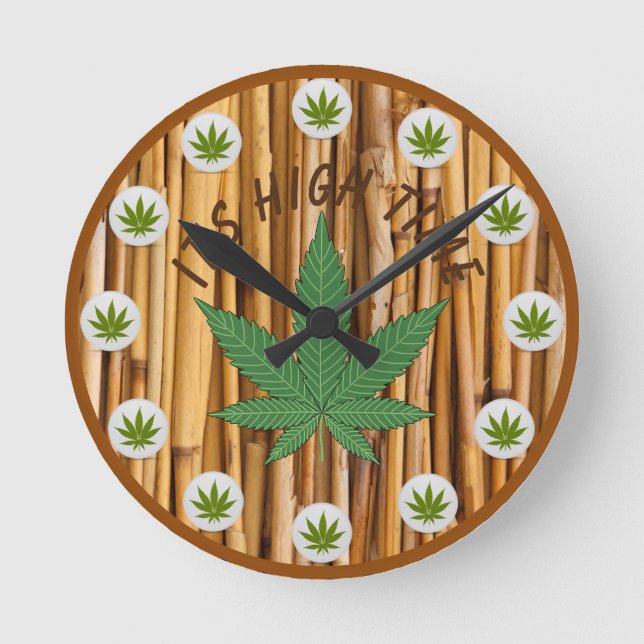 It's High Time Weed Leaf Natural Bamboo Custom Round Clock (Front)