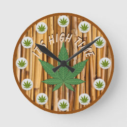 It&#39;s High Time Weed Leaf Natural Bamboo Custom Round Clock