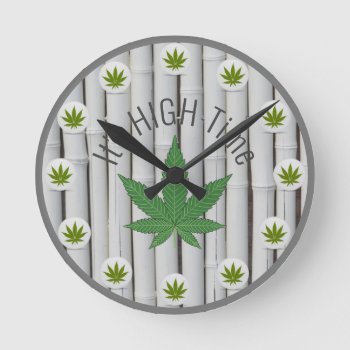 It's High Time Weed Leaf White Bamboo Custom Round Clock by vicesandverses at Zazzle