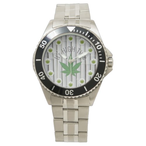 Its High Time Weed Leaf White Bamboo Custom Watch