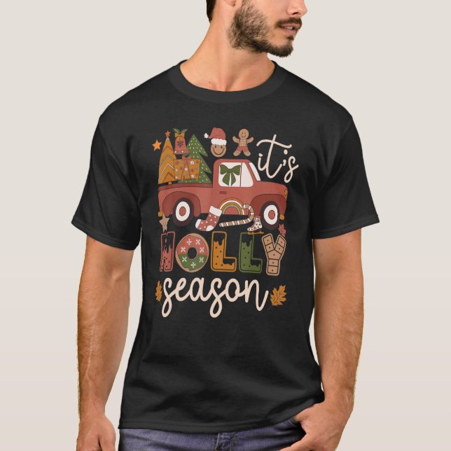 It's Holly Season 60s 70s Retro Hippie Christmas T-Shirt (Front)