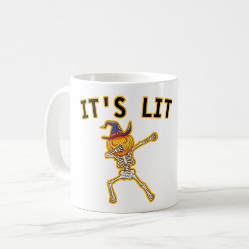 ITS LIT _ DABBING HALLOWEEN SKELETON PUMPKIN COFFEE MUG