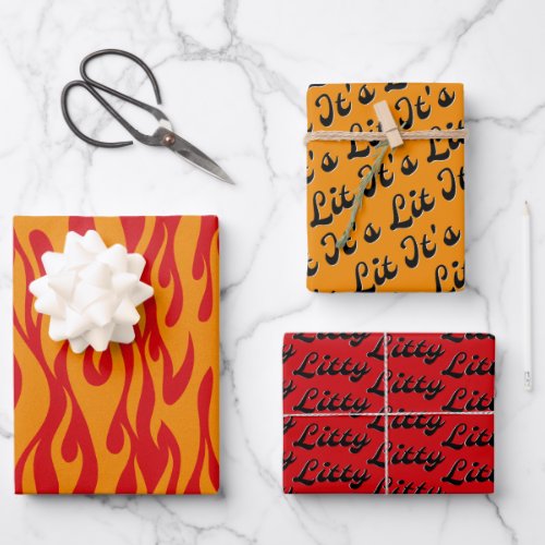 Its Lit Fun Red  Orange Fiery Flames Pattern Wrapping Paper Sheets