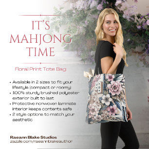 "It's Mahjong Time" Floral Print Tote Bag