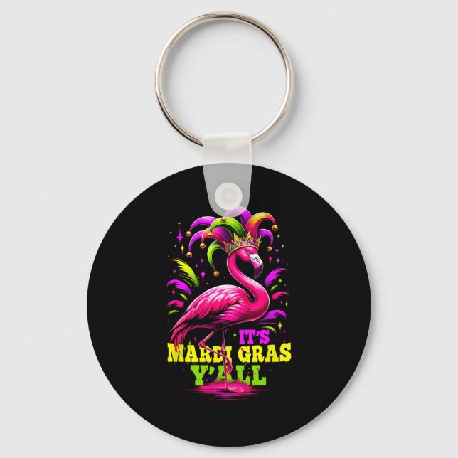 Its Mardi Gras Yall Pink Flamingo Wearing Jester H Keychain (Front)