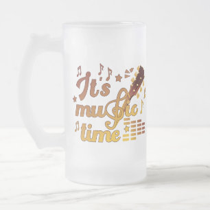 It's Music Time, Gold Guitar Musical  Frosted Glass Beer Mug