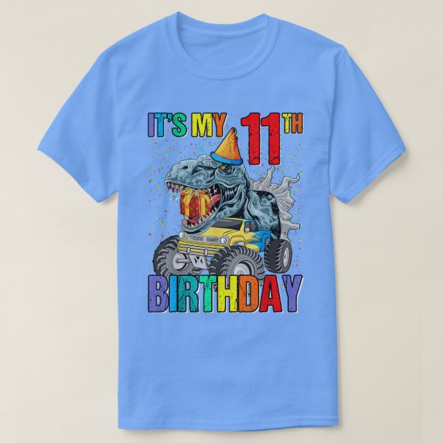 It's My 11th Birthday Monster Truck Dinosaur Boys  T-Shirt (Design Front)