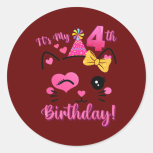 Its My 4th Birthday Girl Cute Cat Birthday 4 Year Classic Round Sticker