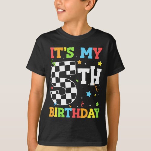  Its My 5th Birthday Boy 5 Five Racing Car Flag T_Shirt