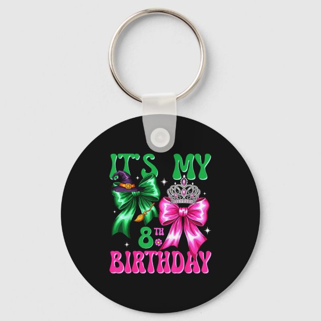 It's My 8th Birthday Witch Nk And Green Bow Croche Keychain (Front)