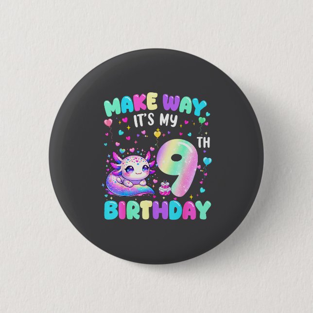 It's My 9th Birthday Girl Cute Axolotl 9 Year Old  Button (Front)