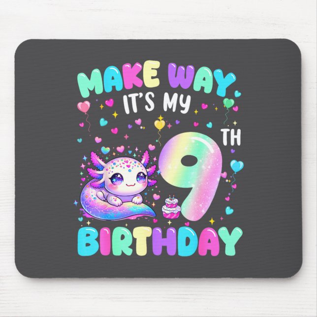 It's My 9th Birthday Girl Cute Axolotl 9 Year Old  Mouse Pad (Front)