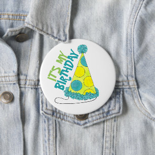 It's My Birthday Boy Girl Polka Dot Party Hat Button