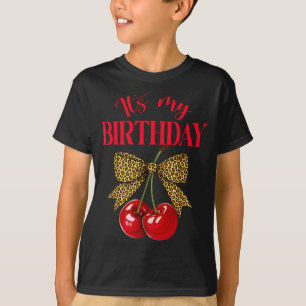 It's My Birthday Cute Cherry Leopard Coquette Bow  T-Shirt