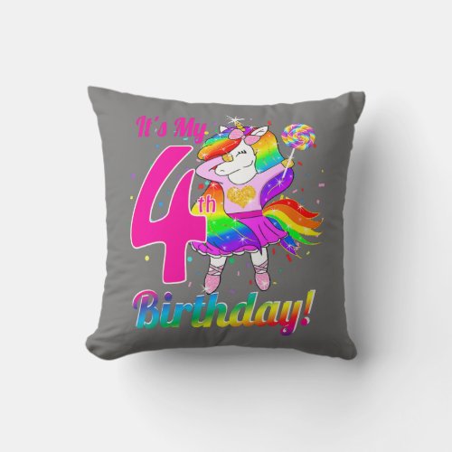 Its My Birthday Girl Unicorn 4th 4 Year Old Gifts Throw Pillow