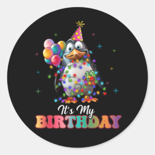 Its My Birthday Party Penguin Christmas Light Anim Classic Round Sticker