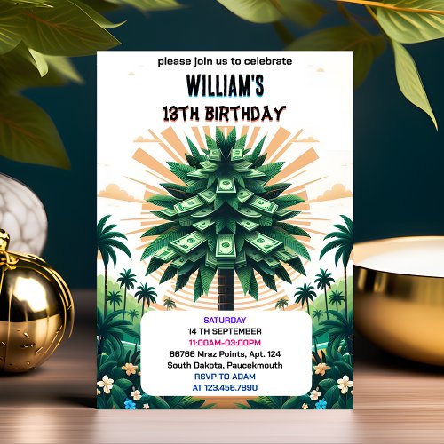 Its Nature Cool Cash Only Money Tree 13th Birthday Invitation