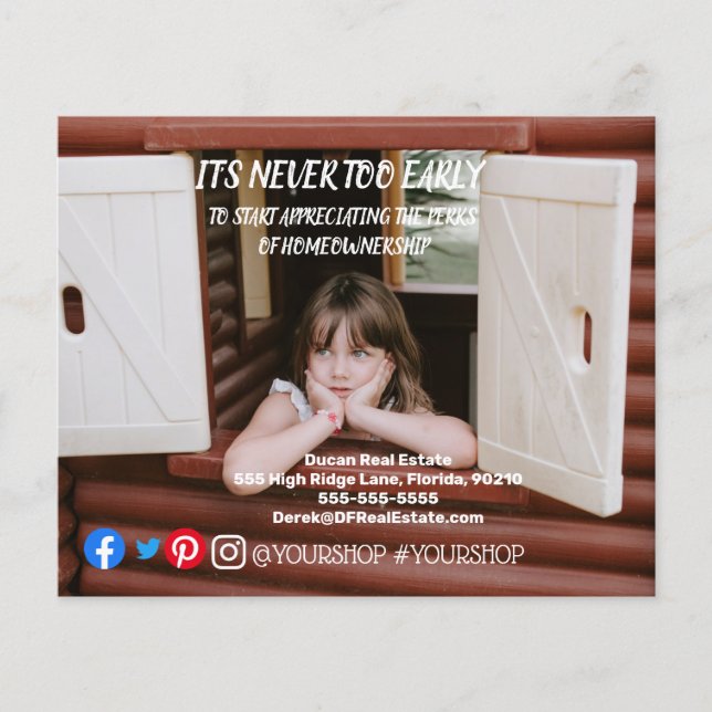 It's never to early real estate marketing postcard flyer (Front)