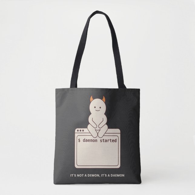 It's Not a Demon It's a Daemon Funny Linux Black Tote Bag (Front)