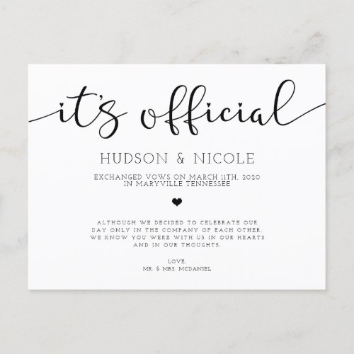 It's Official Elopement Wedding Announcement Postcard