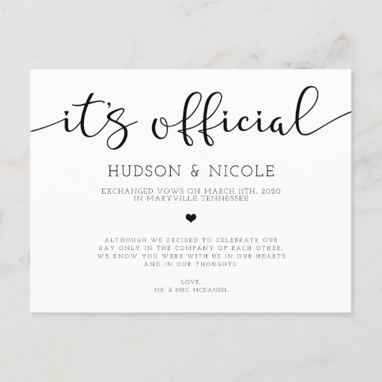 It's Official Elopement Wedding Announcement Postcard