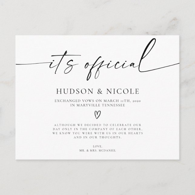 It's Official Elopement Wedding Announcement Postcard (Front)
