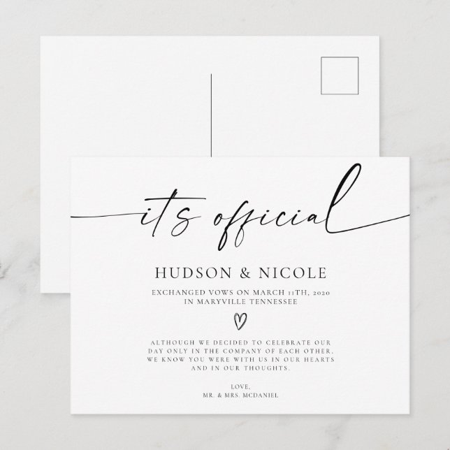 It's Official Elopement Wedding Announcement Postcard (Front/Back)