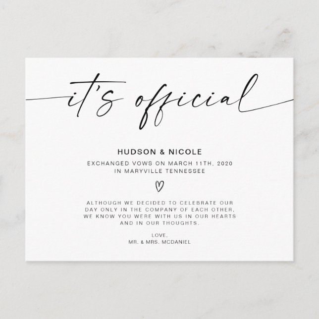 It's Official Elopement Wedding Announcement Postcard (Front)