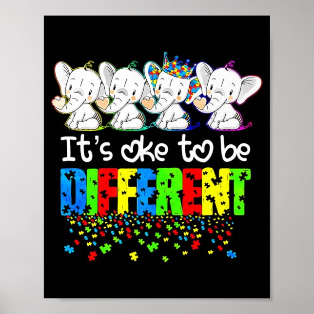 It's Ok To Be Different Cute Elephant Autism Aware Poster (Front)
