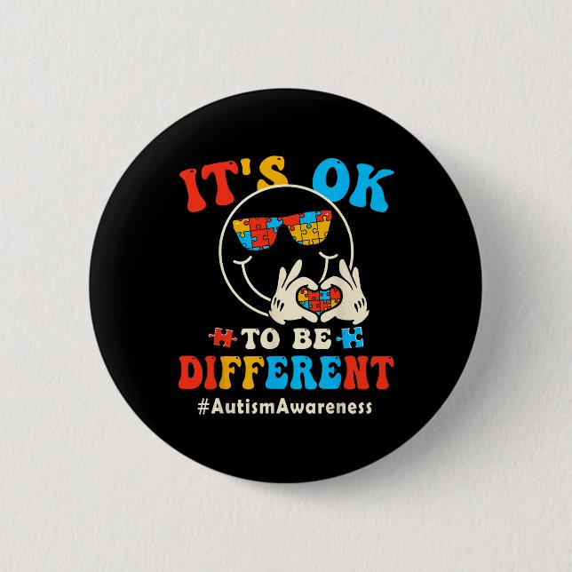 Its Ok To Different Autism Groovy Smile Face Puzzl Button (Front)