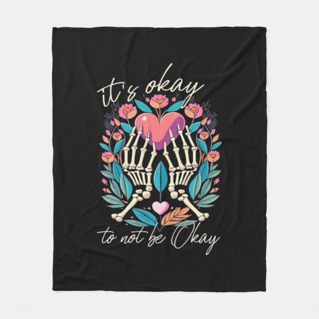 Its Ok To Not Ok Skeleton Hands With Heart Minimal Fleece Blanket (Front)