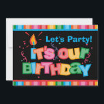 It's Our Birthday Letters Cards<br><div class="desc">This great birthday party invitation for twins is bright and colorful and will be sure to get everyone's attention. Front has colorful letters that say IT'S OUR BIRTHDAY. Customizable front and back text. Colorful striped border on both front and back. PinkInkArt original!</div>