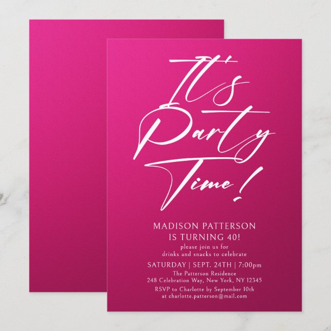 It's Party Time 40th Birthday Party Simple Elegant Invitation (Front/Back)