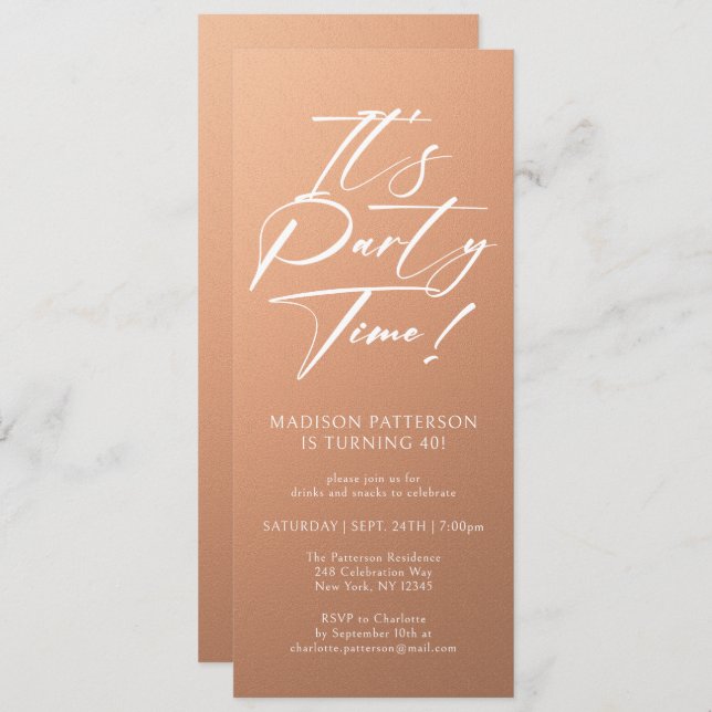 It's Party Time 40th Birthday Party Simple Elegant Invitation (Front/Back)