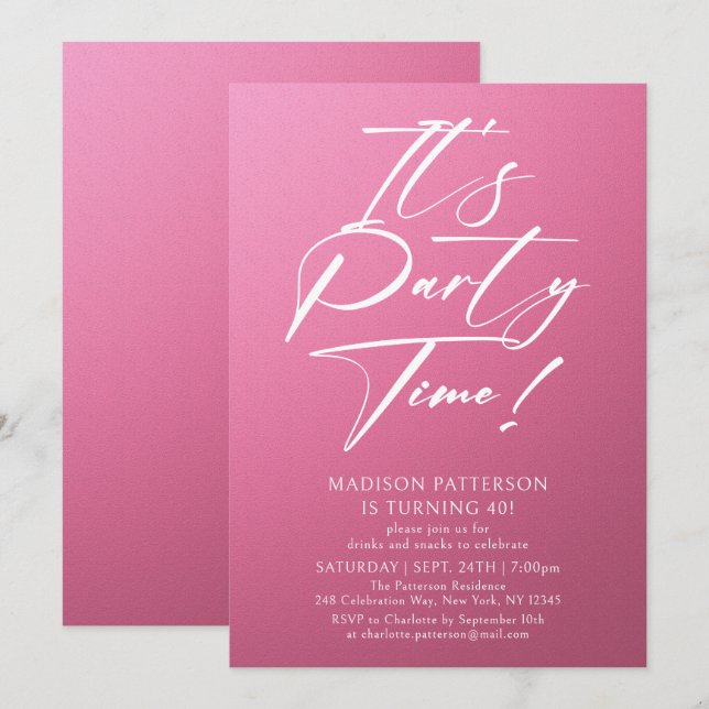 It's Party Time 40th Birthday Party Simple Elegant Invitation (Front/Back)