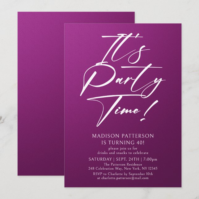 It's Party Time 40th Birthday Party Simple Elegant Invitation (Front/Back)
