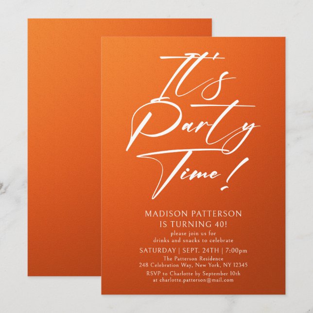 It's Party Time 40th Birthday Party Simple Elegant Invitation (Front/Back)