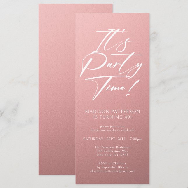 It's Party Time 40th Birthday Party Simple Elegant Invitation (Front/Back)