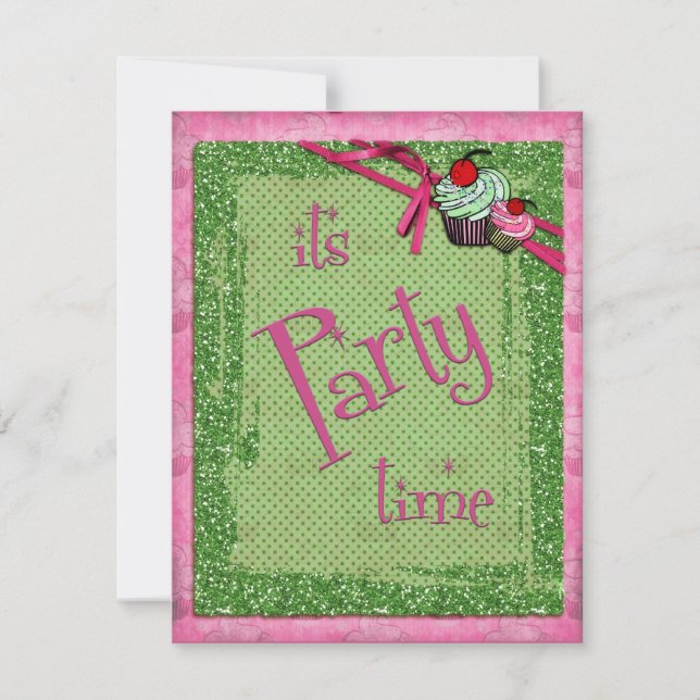 It's Party Time Fancy Green Cupcake Invitations (Front)