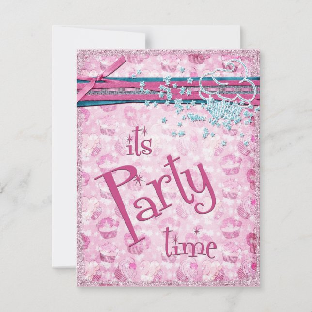 It's Party Time Fancy Pink Cupcake Invitations (Front)