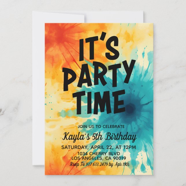 It's Party Time Groovy Tie Dye Birthday Invitation (Front)
