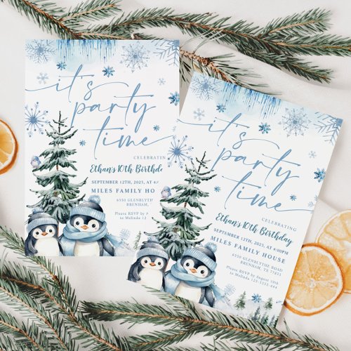 Its party time Penguin winter birthday invitation